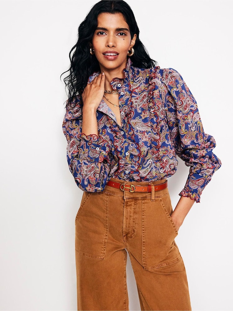 Boden Blue 100% Cotton Ruffled Cotton Blouse - Image 1 of 5