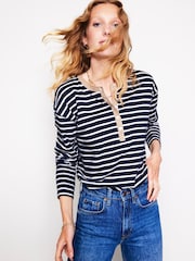 Boden Blue Metallic Trim Henley 100% Cotton Top - Image 1 of 5