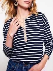 Boden Blue Metallic Trim Henley 100% Cotton Top - Image 2 of 5