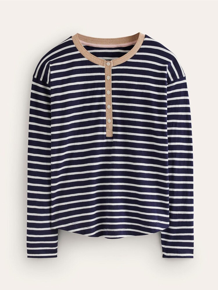 Boden Blue Metallic Trim Henley 100% Cotton Top - Image 5 of 5
