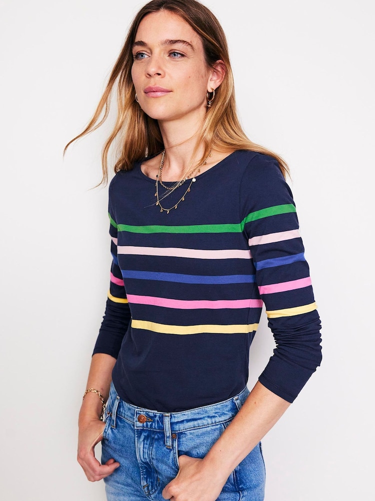 Boden Blue Ella Long Sleeve Breton 100% Cotton T-Shirt - Image 1 of 5 Boden Blue Ella Long Sleeve Breton 100% Cotton T-Shirt - Image 1 of 5