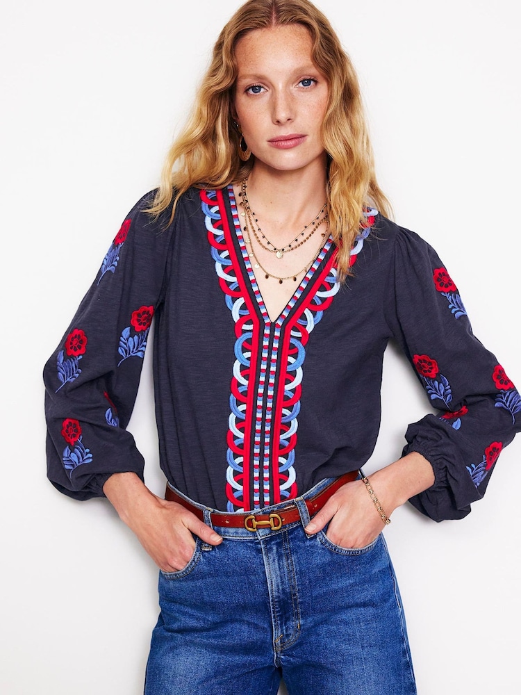 Boden Blue 100% Cotton Embroidered V-Neck Top - Image 1 of 5 Boden Blue 100% Cotton Embroidered V-Neck Top - Image 1 of 5