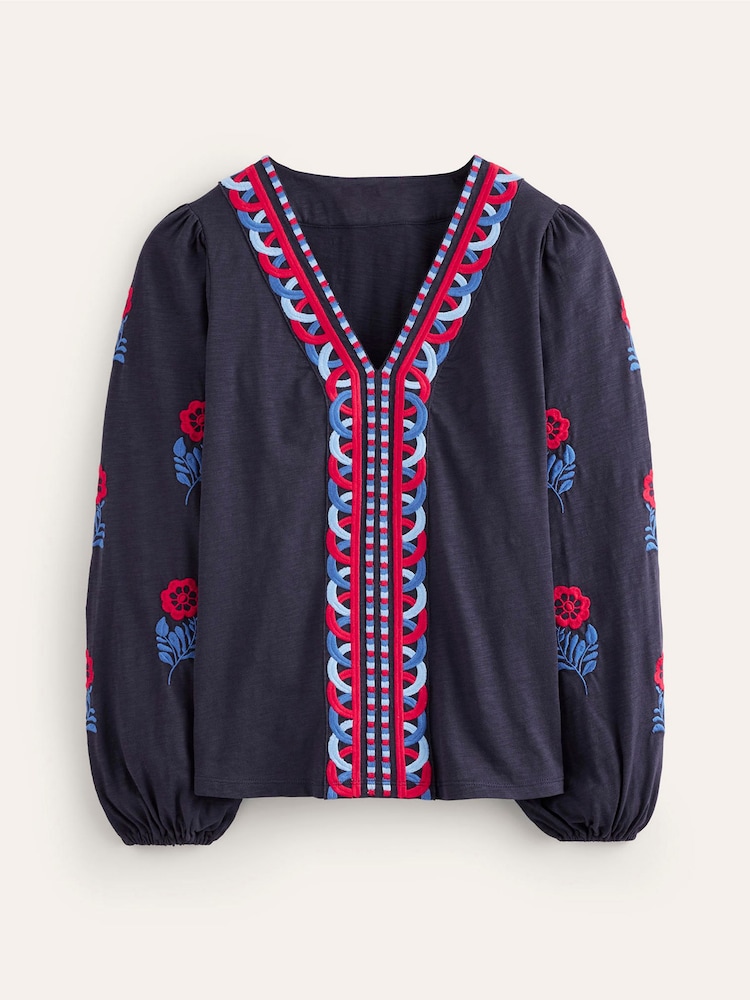 Boden Blue 100% Cotton Embroidered V-Neck Top - Image 5 of 5 Boden Blue 100% Cotton Embroidered V-Neck Top - Image 5 of 5