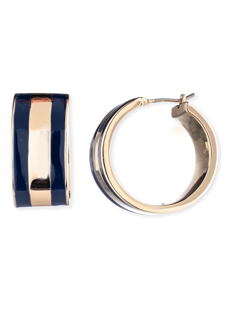 Lauren Ralph Lauren Gold Tone Navy 25mm Wide Hoop Earrings - Image 1 of 2 Lauren Ralph Lauren Gold Tone Navy 25mm Wide Hoop Earrings - Image 1 of 2