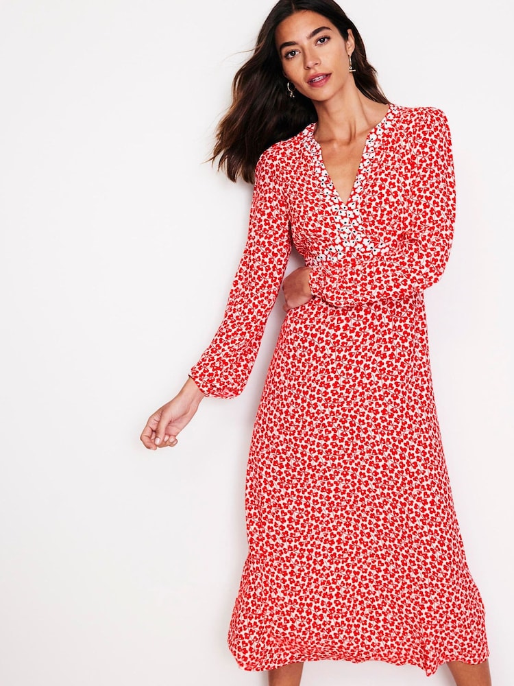 Boden Red Imelda Border Print Midi Dress - Image 1 of 4 Boden Red Imelda Border Print Midi Dress - Image 1 of 4