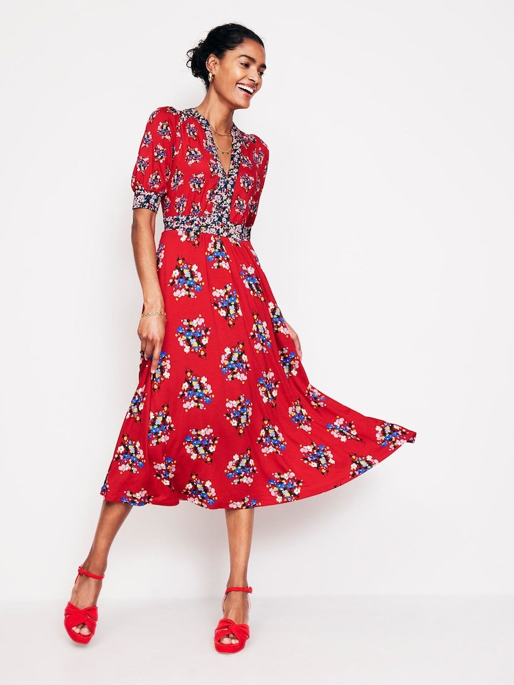 Boden Red Lily Hotched Jersey Midi Dress - Image 1 of 5