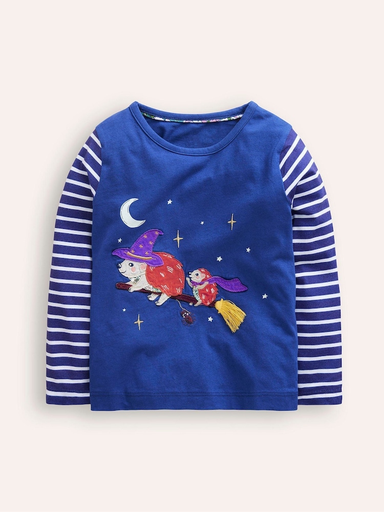 Boden Blue 100% Cotton Halloween Appliqué Long Sleeve Top - Image 2 of 4