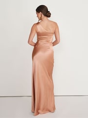 Six Stories Burnt Peach One Shoulder Satin Ruched Bridesmaid Dress - Image 2 of 5