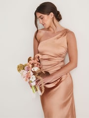 Six Stories Burnt Peach One Shoulder Satin Ruched Bridesmaid Dress - Image 3 of 5