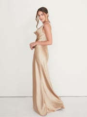 Six Stories Champagne Gold Cowl Front Asymmetrical Satin Flower Girl Dress - Image 2 of 3