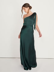 Six Stories Emerald Bow One Shoulder Satin Bridesmaid Dress - Image 1 of 6