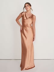 Six Stories Burnt Peach Cowl Front Satin Bridesmaid Dress - Image 1 of 5
