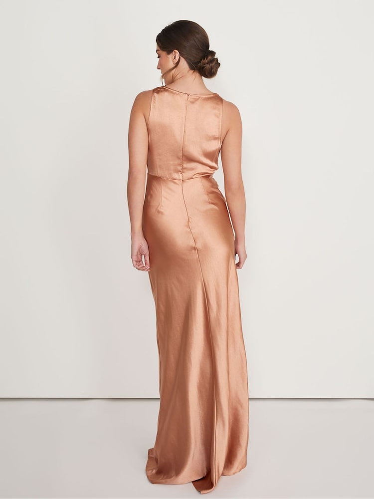 Six Stories Burnt Peach Cowl Front Satin Bridesmaid Dress - Image 2 of 5