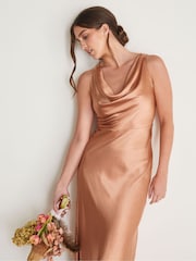 Six Stories Burnt Peach Cowl Front Satin Bridesmaid Dress - Image 3 of 5