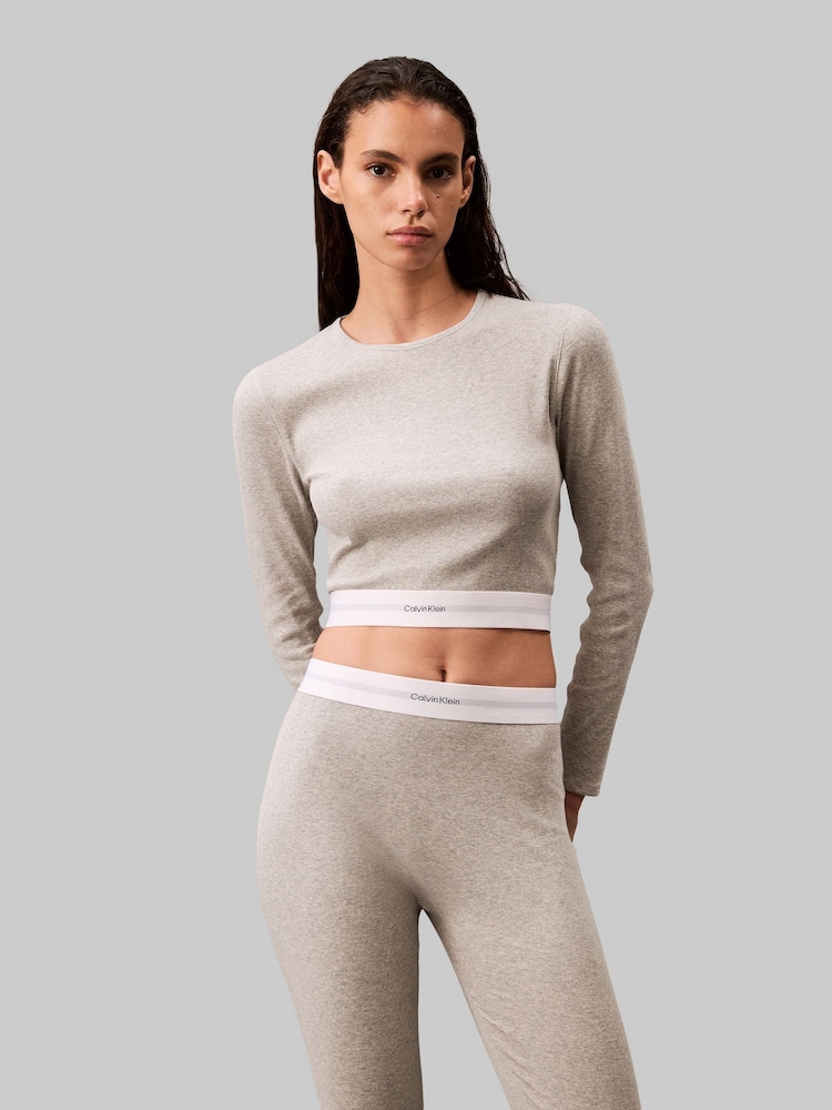 Calvin Klein Grey Long Sleeved Cropped Crew Neck T-Shirt - Image 1 of 4
