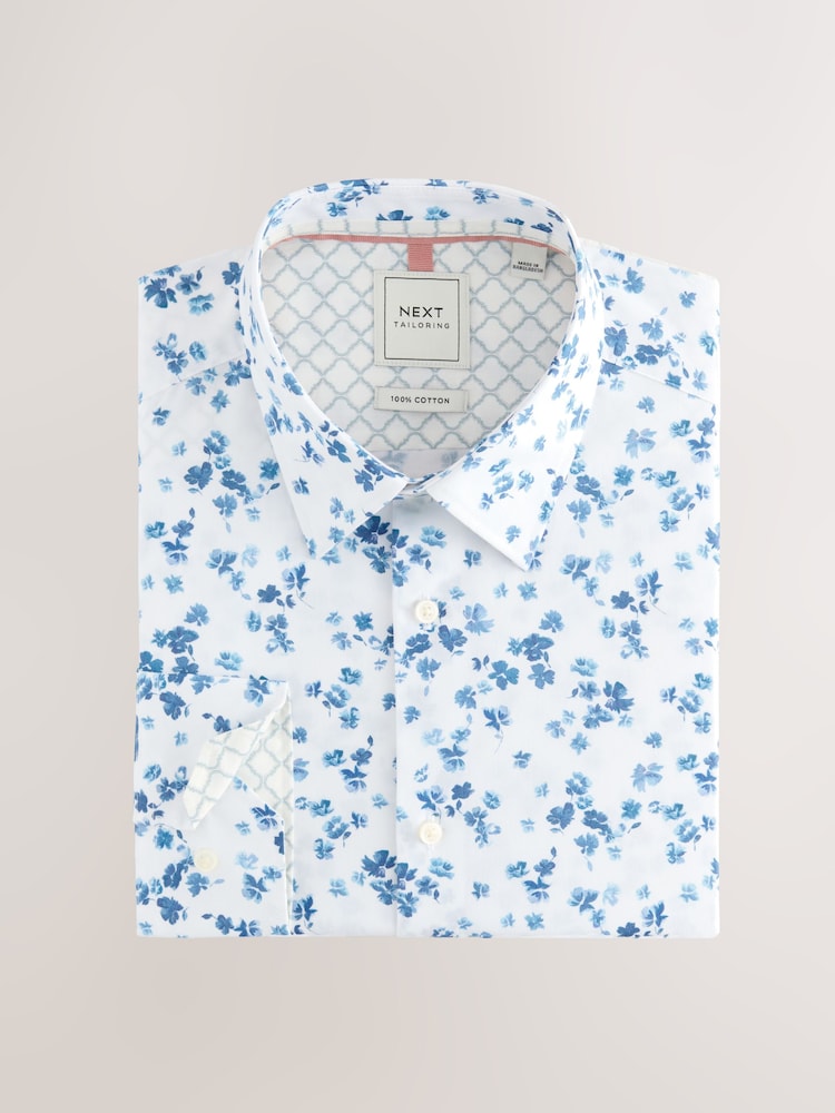 White/Blue Watercolour Dtisy Floral Print Regular Fit 100% Cotton Single Cuff Formal Shirt - Image 1 of 3