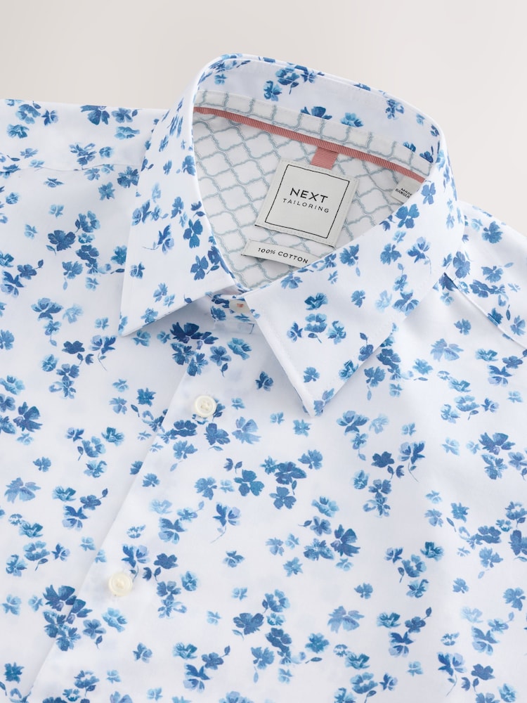 White/Blue Watercolour Dtisy Floral Print Regular Fit 100% Cotton Single Cuff Formal Shirt - Image 2 of 3