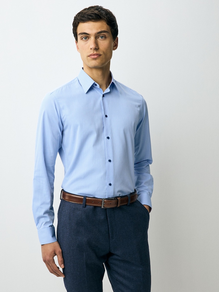 Blue Slim Fit Easy Care Textured Trimmed Shirt - Image 1 of 9 Blue Slim Fit Easy Care Textured Trimmed Shirt - Image 1 of 9
