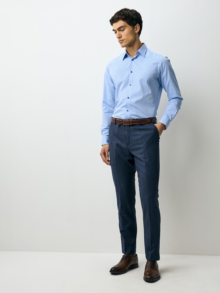 Blue Slim Fit Easy Care Textured Trimmed Shirt - Image 2 of 9 Blue Slim Fit Easy Care Textured Trimmed Shirt - Image 2 of 9