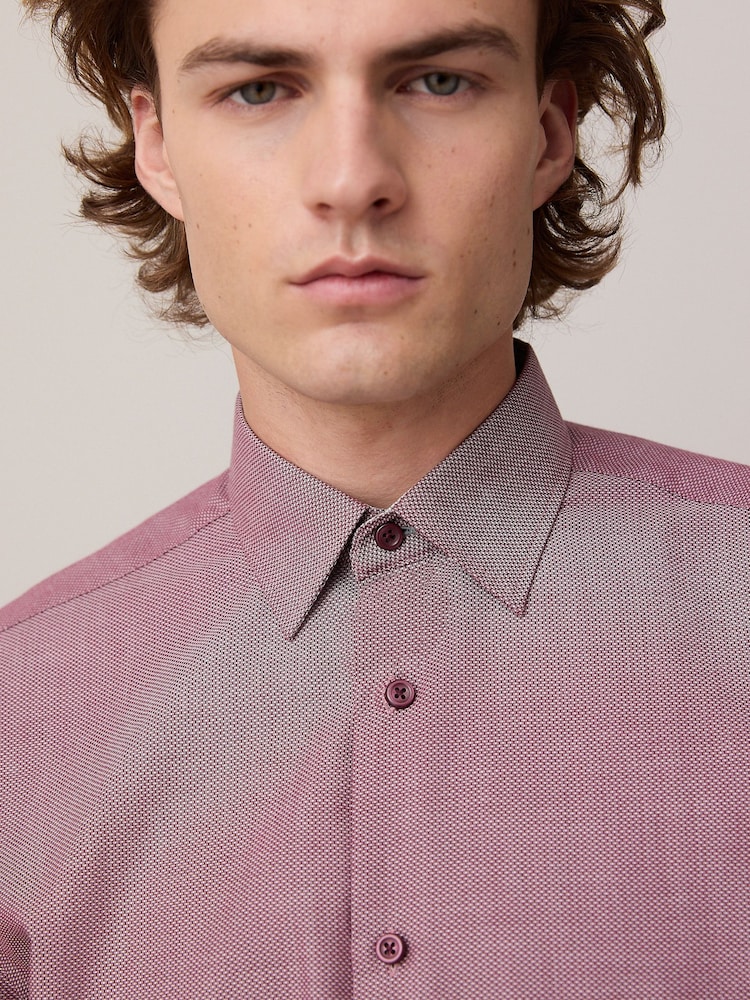 Damson Pink Slim Fit Easy Care Textured Trimmed Shirt - Image 1 of 8 Damson Pink Slim Fit Easy Care Textured Trimmed Shirt - Image 1 of 8