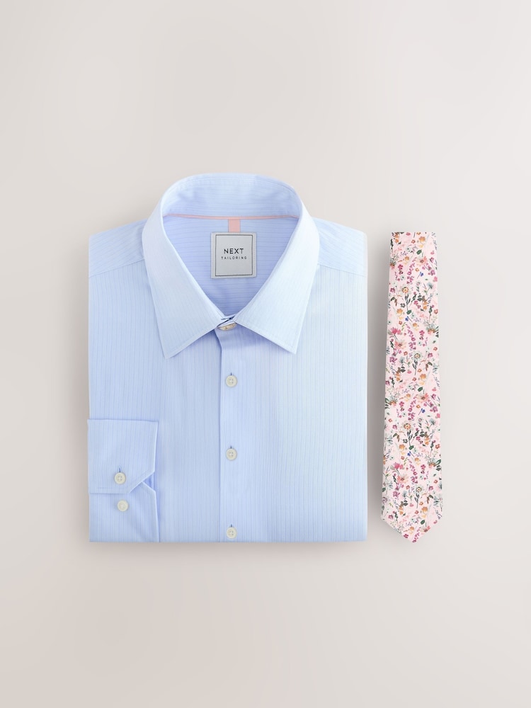 Blue Self Stripe / Pink Floral Tie Slim Fit Occasion Shirt And Tie Pack - Image 1 of 3