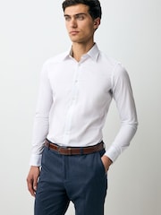 White Skinny Fit Easy Care Textured Trimmed Shirt - Image 1 of 12