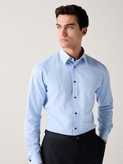 Blue Slim Fit Trimmed Easy Care Double Cuff Shirt - Image 2 of 7