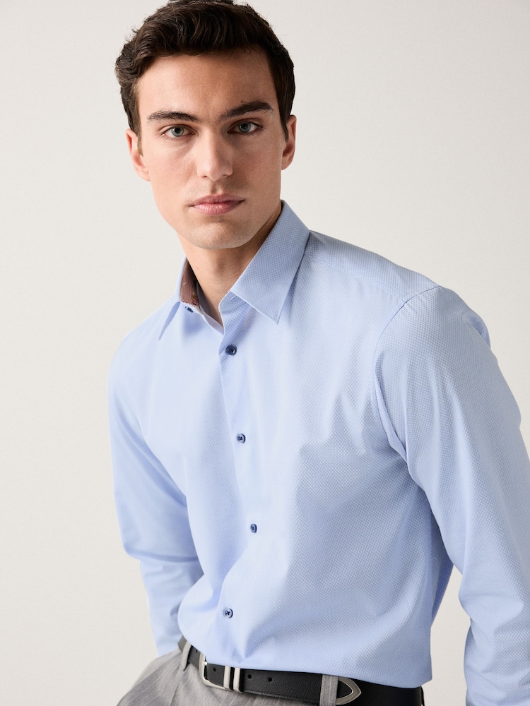 Blue Regular Fit Easy Care Textured Trimmed Shirt - Image 1 of 9 Blue Regular Fit Easy Care Textured Trimmed Shirt - Image 1 of 9