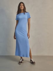 Sky Blue - Платье-футболка макси в рубчик с разрезом - Изображение 3 из 7
