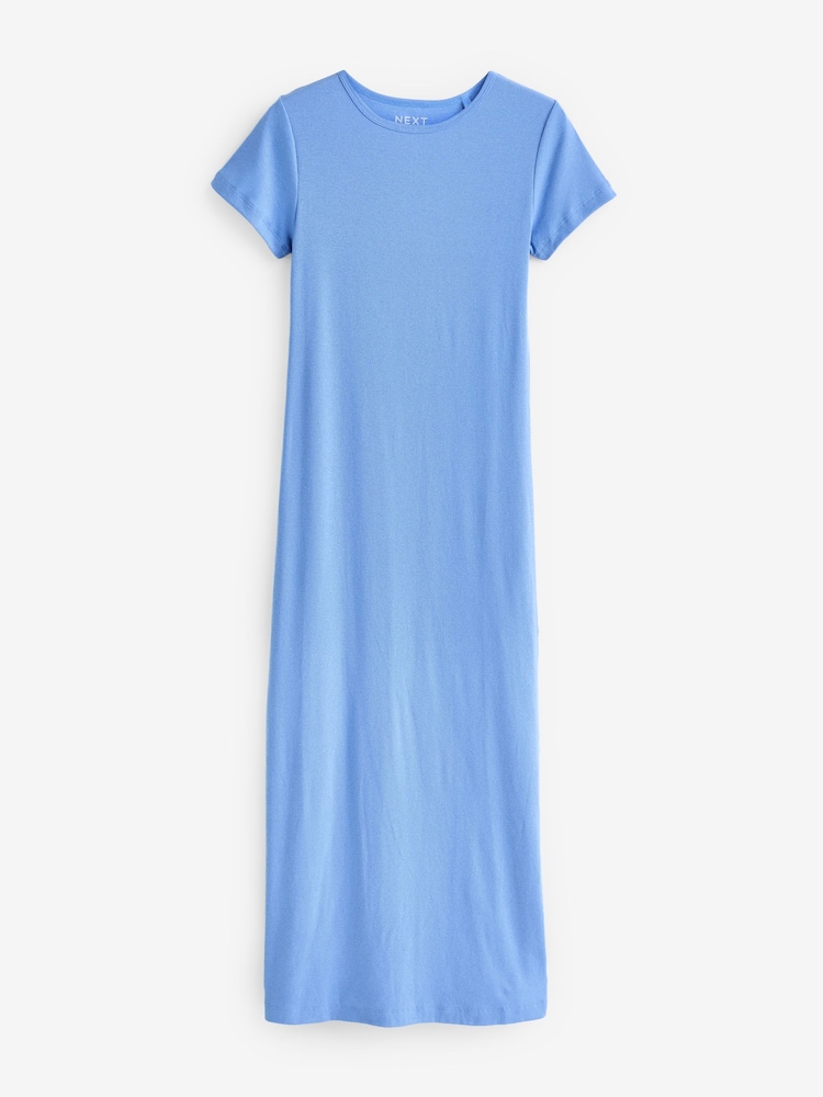 Sky Blue Ribbed T-Shirt Style Column Maxi Dress With Slit Detail - Image 6 of 7
