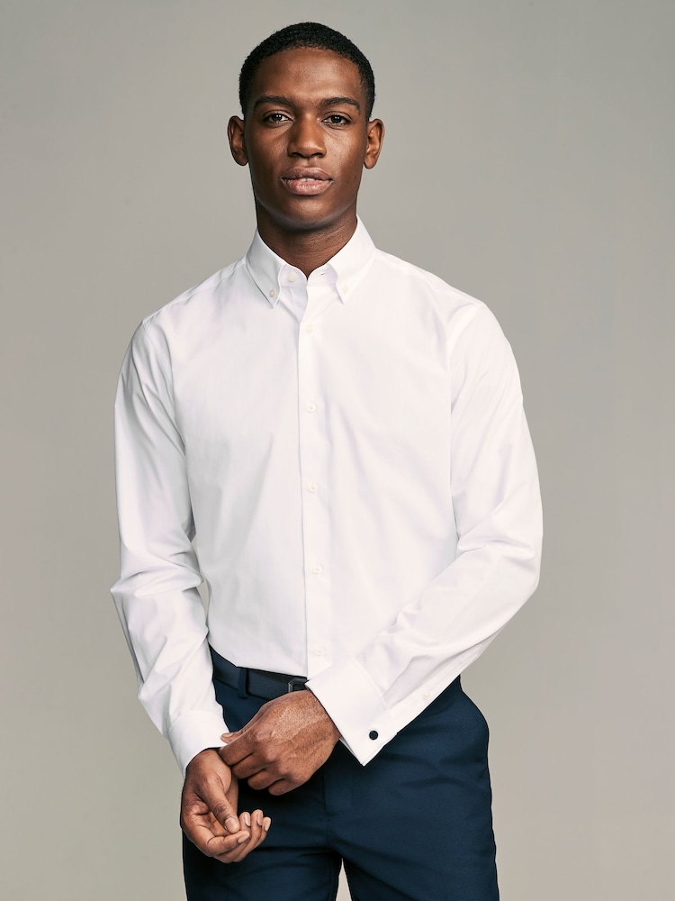 White Button Down Collar Slim Fit Easy Care Double Cuff Smart Shirt - Image 1 of 8