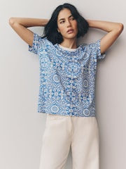 Blue/Ecru Essential Pure Cotton Short Sleeve Crew Neck T-Shirt - Image 1 of 6