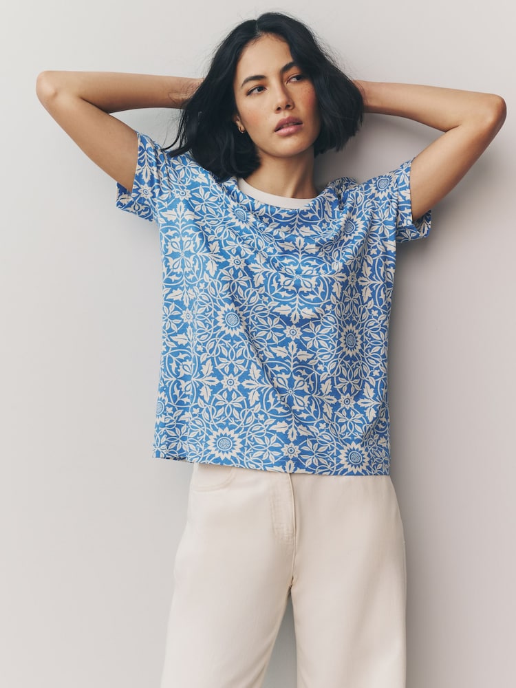 Blue/Ecru Essential Pure Cotton Short Sleeve Crew Neck T-Shirt - Image 1 of 6