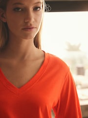 Bright Red Cotton Modal Slouch V-Neck T-Shirt - Image 3 of 7