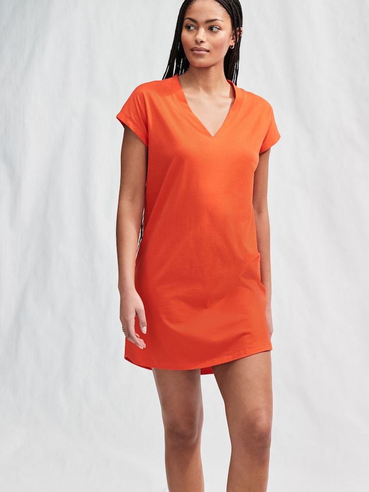 Red 100% Cotton Cap Sleeve V-Neck Mini Dress - Image 1 of 7