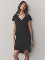 Black 100% Cotton Cap Sleeve V-Neck Mini Dress - Image 1 of 9