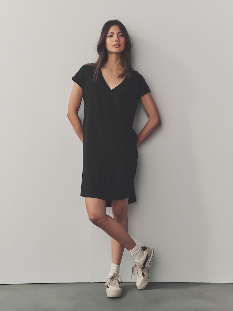 Black 100% Cotton Cap Sleeve V-Neck Mini Dress - Image 2 of 9