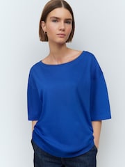Kobaltblauw - Ruimvallend recht 100% katoenen T-shirt met losvallende schouder - Image 1 of 7