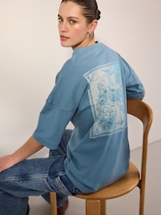Back Graphic Tonal Blue Heron Print 100% Cotton Relaxed Fit Heavyweight Longline Crew Neck T-Shirt - Image 1 of 8