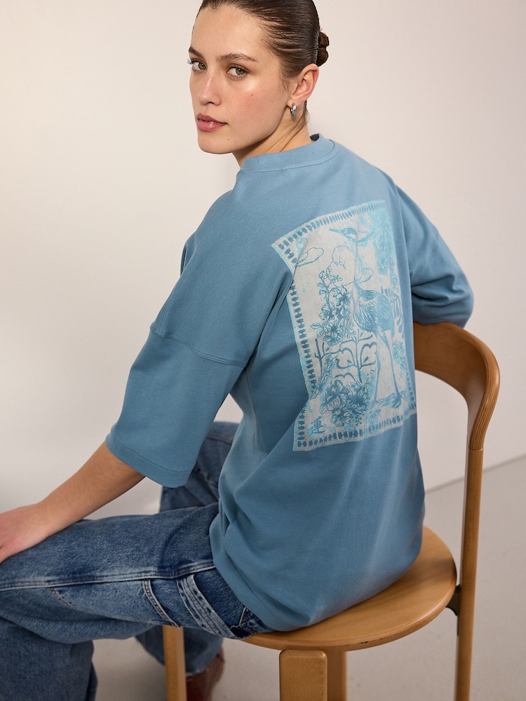 Back Graphic Tonal Blue Heron Print 100% Cotton Relaxed Fit Heavyweight Longline Crew Neck T-Shirt - Image 1 of 8