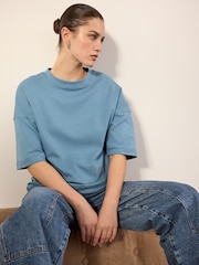 Back Graphic Tonal Blue Heron Print 100% Cotton Relaxed Fit Heavyweight Longline Crew Neck T-Shirt - Image 3 of 8