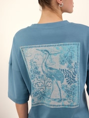 Back Graphic Tonal Blue Heron Print 100% Cotton Relaxed Fit Heavyweight Longline Crew Neck T-Shirt - Image 4 of 8
