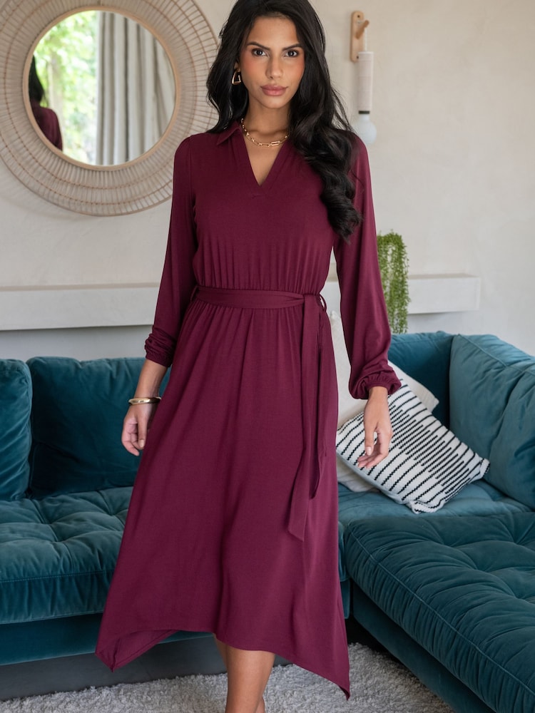 Pour Moi Red Venetia Jersey Hanky Hem Collared Midi Dress - Image 1 of 4