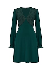 Pour Moi Green Anya Fuller Bust Lace Detail Slinky Jersey Long Sleeve Tea Dress - Image 3 of 4