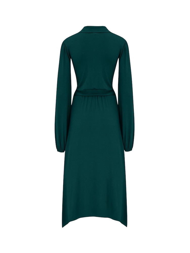 Pour Moi Green Venetia Jersey Hanky Hem Collared Midi Dress - Image 5 of 5