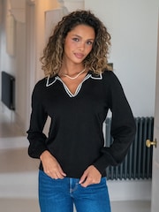 Negru - Pour Moi Rowan Contrast Knit Jumper with LENZING™ ECOVERO™ Viscose - Image 1 of 4