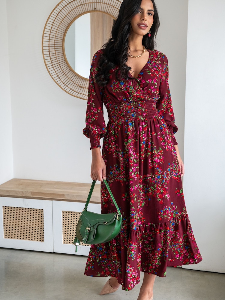 Pour Moi Red Carmen Fuller Bust Woven Elasticated Neckline Long Sleeve Midaxi Dress - Image 1 of 4