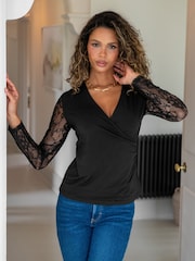 Pour Moi Black Julie Slinky Jersey Lace Long Sleeve Top - Image 1 of 4