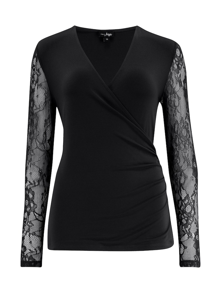 Pour Moi Black Julie Slinky Jersey Lace Long Sleeve Top - Image 3 of 4