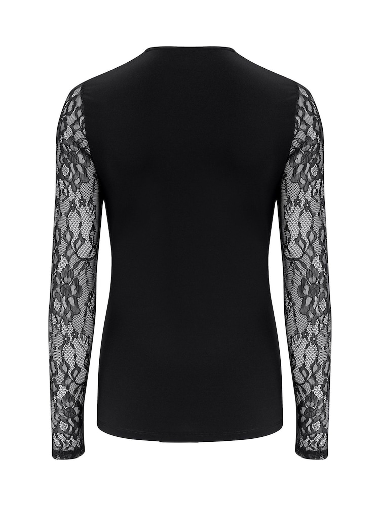 Pour Moi Black Julie Slinky Jersey Lace Long Sleeve Top - Image 4 of 4